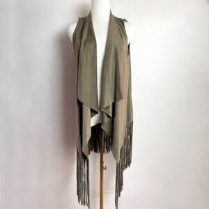 Fringe Boho Festival Vest Medium Faux Suede 70s Hippie Western Draped Open Front